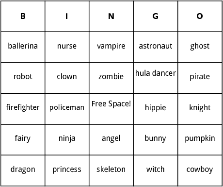 halloween costumes bingo