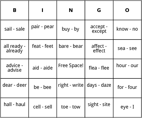homonyms bingo