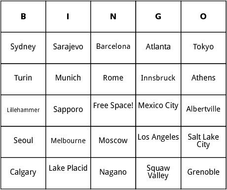 host cities of the olymbics bingo 