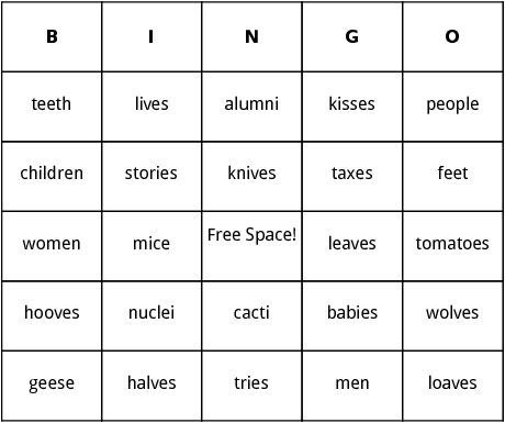 irregular plurals nouns bingo