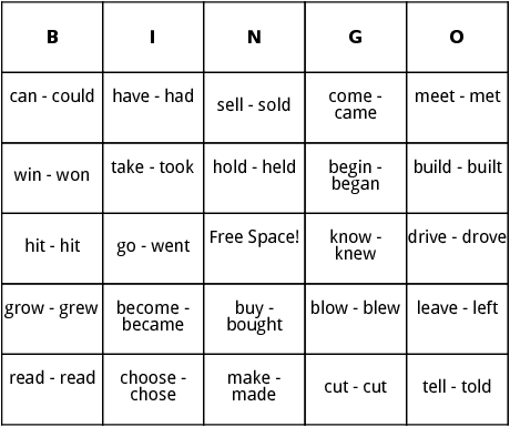 irregular verbs bingo