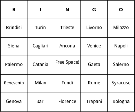 italian cities bingo