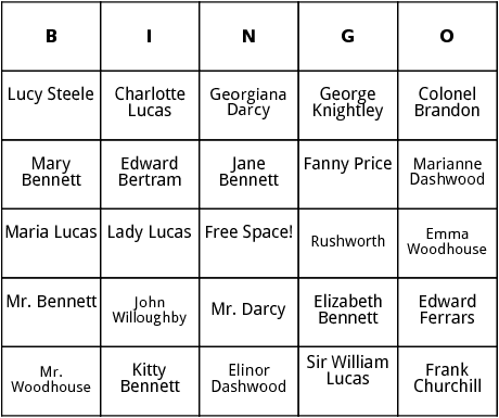 jane austen characters bingo