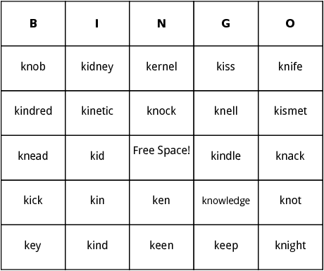 k words bingo