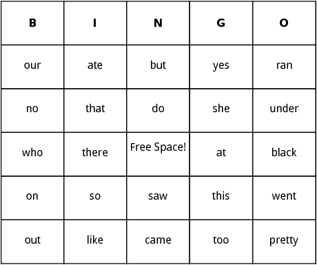 kindergarten sight words bingo