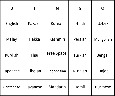languages of asia bingo