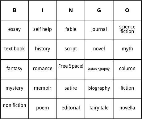 literary genres bingo