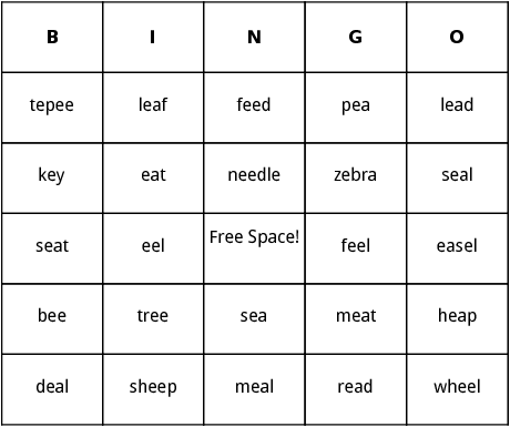 long e words bingo