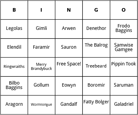 lord of the rings characters bingo