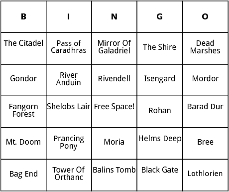 lord of the rings locations  bingo