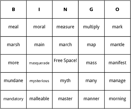 m words bingo