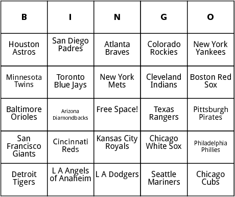 major league baseball teams bingo