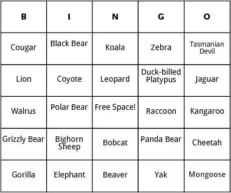 mammals bingo