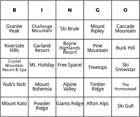 midwestern ski resorts bingo