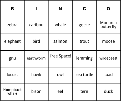 migrating animals bingo