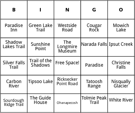 mount ranier national park bingo