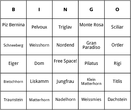 mountains in europe bingo