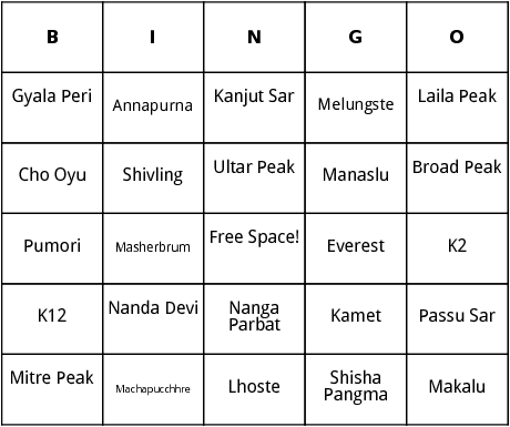 mountains of asia bingo