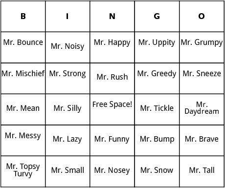 mr. men series bingo