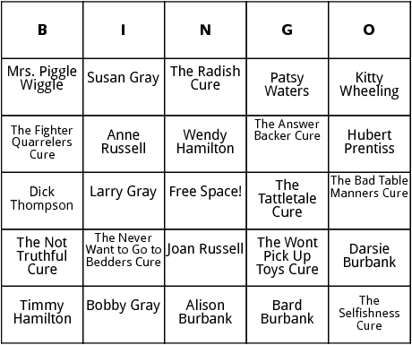 mrs. piggle wiggle characters and cures bingo