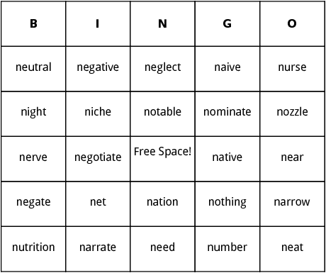 n words bingo
