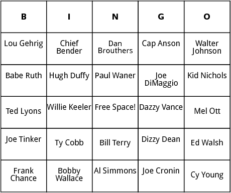 national baseball hall of fame bingo