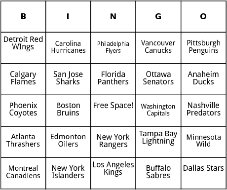 national hockey league teams bingo