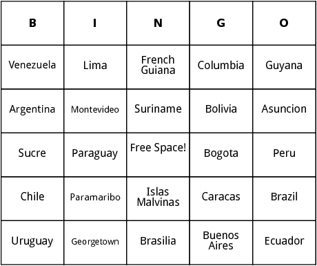 nations and capitals in south america bingo