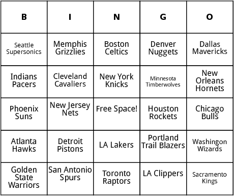 nba teams bingo