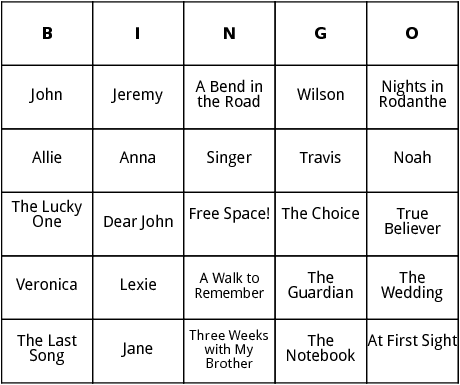 nicholas sparks books and characters  bingo