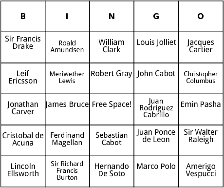 notable explorers bingo