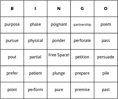 p words bingo