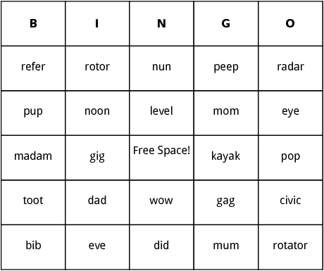 palindromes bingo