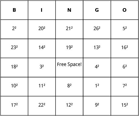 perfect squares bingo