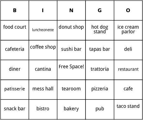 places to dine bingo