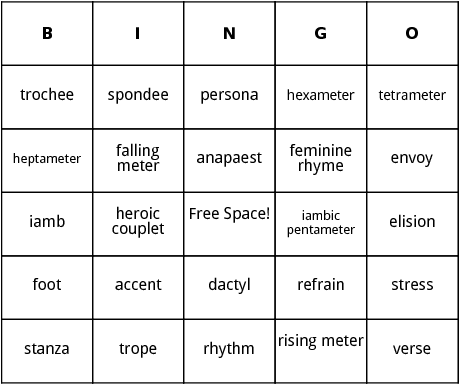 poetic terms bingo