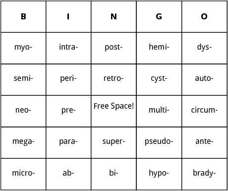 prefixes bingo
