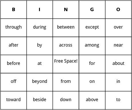 prepositional phrases bingo