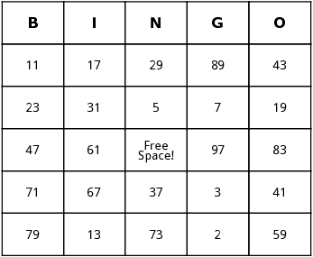 prime numbers bingo