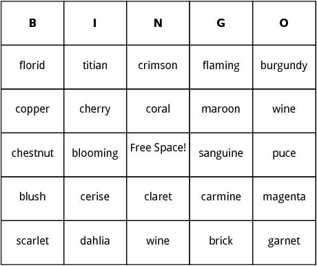 red synonyms bingo