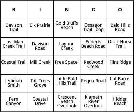 redwood forest bingo