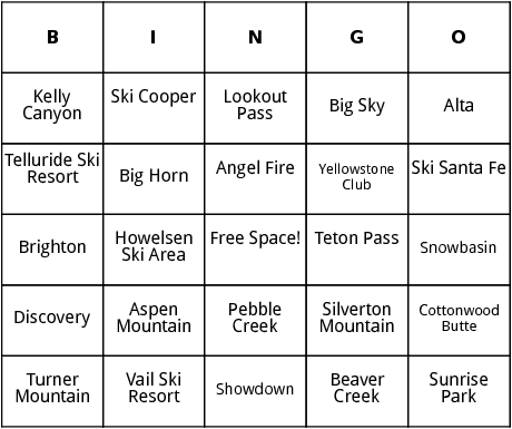 rocky mountain ski resorts bingo