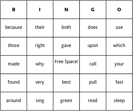 second grade dolch sight words bingo