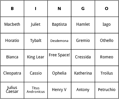 shakespearean characters bingo cards