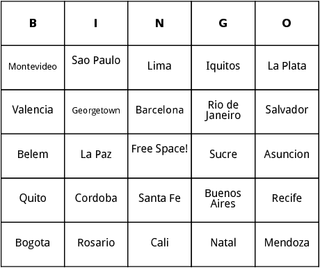 south american cities bingo