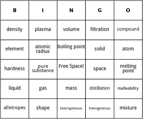 space and matter bingo