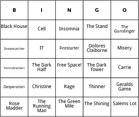 stephen king novels bingo