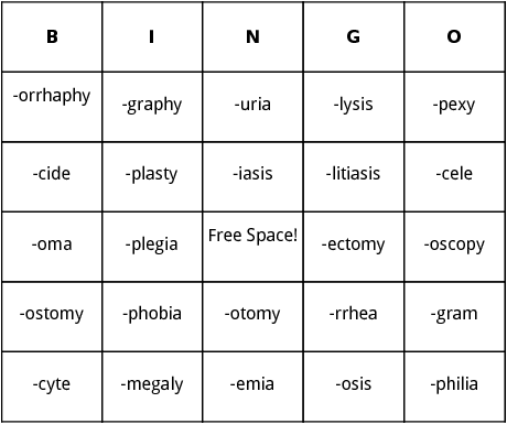 suffixes bingo