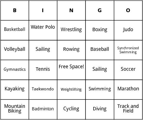 summer olympic events bingo
