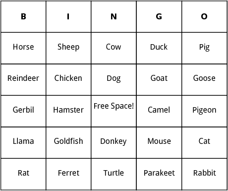 tame animals bingo